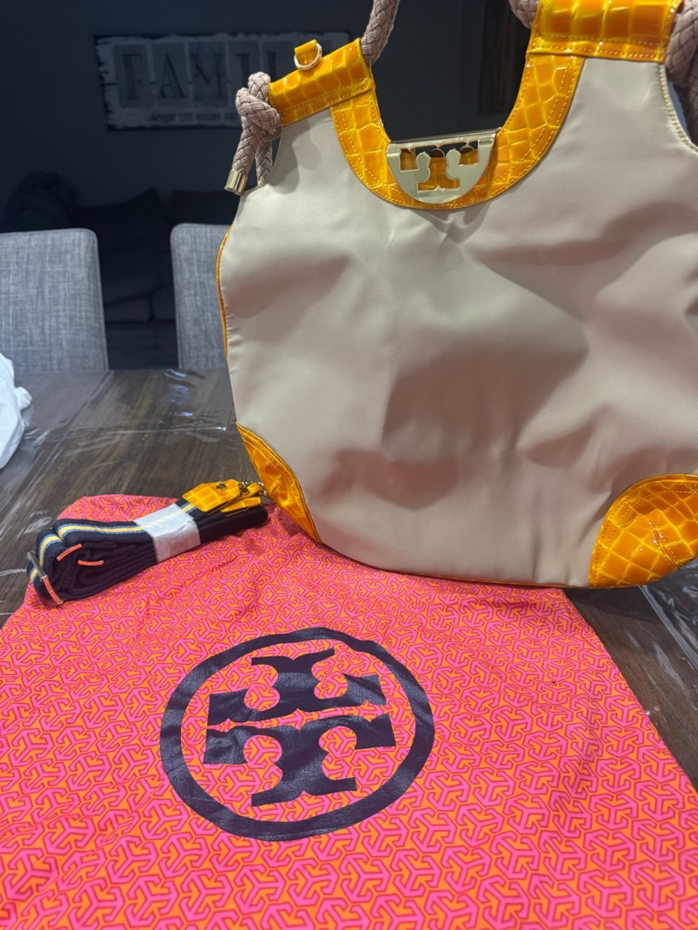 Tory Burch Cream Tote with Yellow Patent Trim